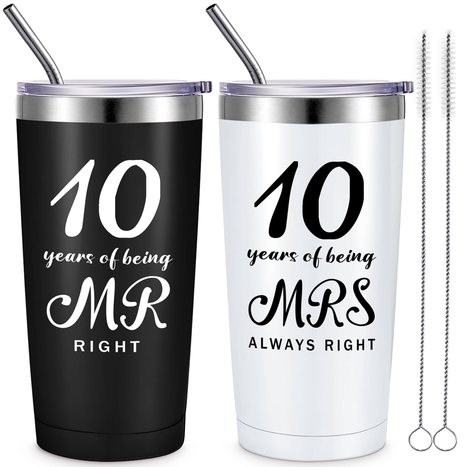 Cunhill 2 Pcs Wedding Anniversary Coffee Mug Being Mr/Mrs Always Right Present Set Anniversary Presents for Couple 20 oz Mug Tumbler with Lids for Grandparents Parents (10th Tumbler)