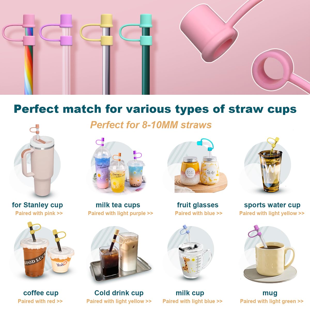 4Pcs 0.4in Straw Cover Cap for Stanley Cup Accessories, Silicone Straw Topper Compatible for Stanley 30&40 Oz Tumbler with Handle, Dust-Proof Drinking Straw Reusable Straw Tips Lids