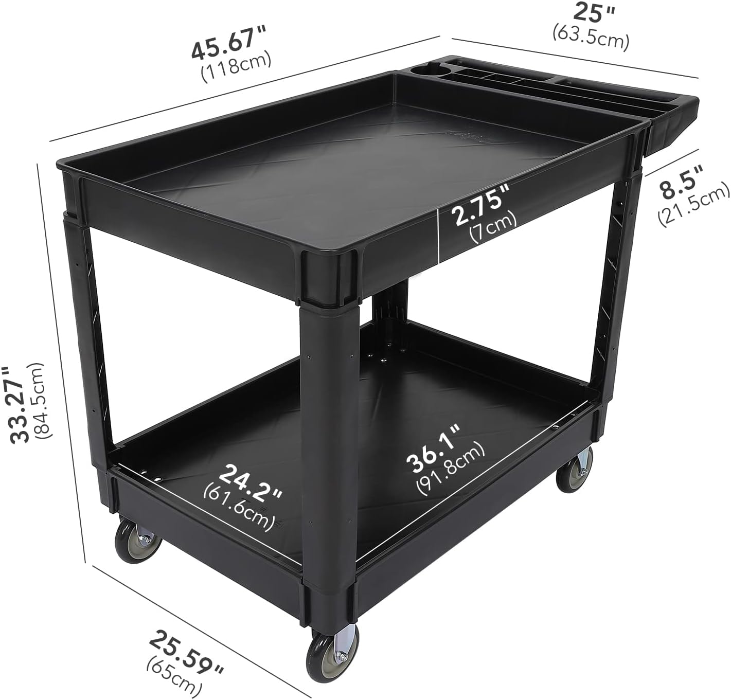 Service Cart 2-Shelf, 500 lbs Capacity, Storage Handle, for Warehouse/Garage/Cleaning/Manufacturing, 45"X25"