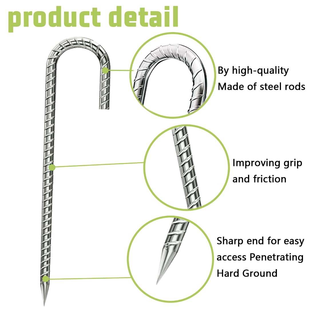 Rebar-Stakes-12-Inch, Ground Stakes Heavy Duty J-Hook Galvanized Anti-Rust Heavy Duty Ground Anchors for Garden Dog Fence Chicken Coop Christmas Decorations Deer Fence 4pcs