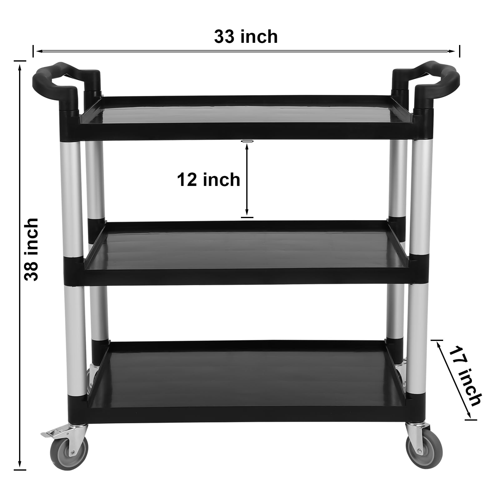 Utility Carts with Brake Wheel, Heavy Duty 360lbs Capacity Rolling Service Cart, 3-Tier Restaurant Food Cart with Hammer for Office, Warehouse, Garage