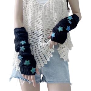 Y2K Women Teens Knitted Arm Warmers Japanese Harajuke Cosplay Star Lolita Cute Fingerless Mittens Thumb Hole Gloves (Black)