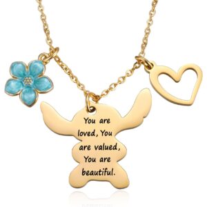 MIXJOY Inspirational Stitch Gifts You are Loved Valued Beautiful Stitch Necklace Gifts for Teen Granddaughter Daughter Niece, Stitch Lover Birthday Jewelry Gifts for Women, Gold