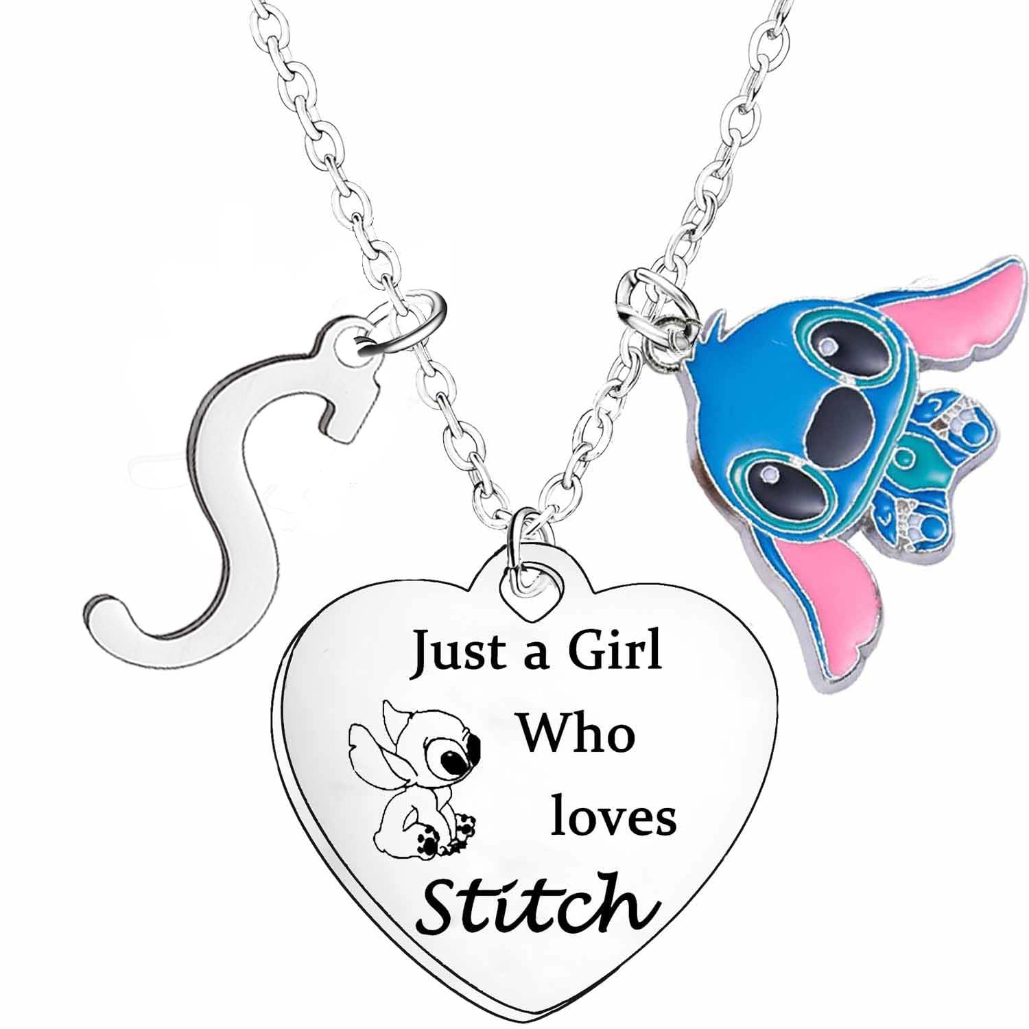 Stitch Necklace with Initial Letter Necklace A-Z Letter Ohana Necklace Stitch Birthday Gifts for Women Gifts for Daughter Sister Niece Friends (Letter S)