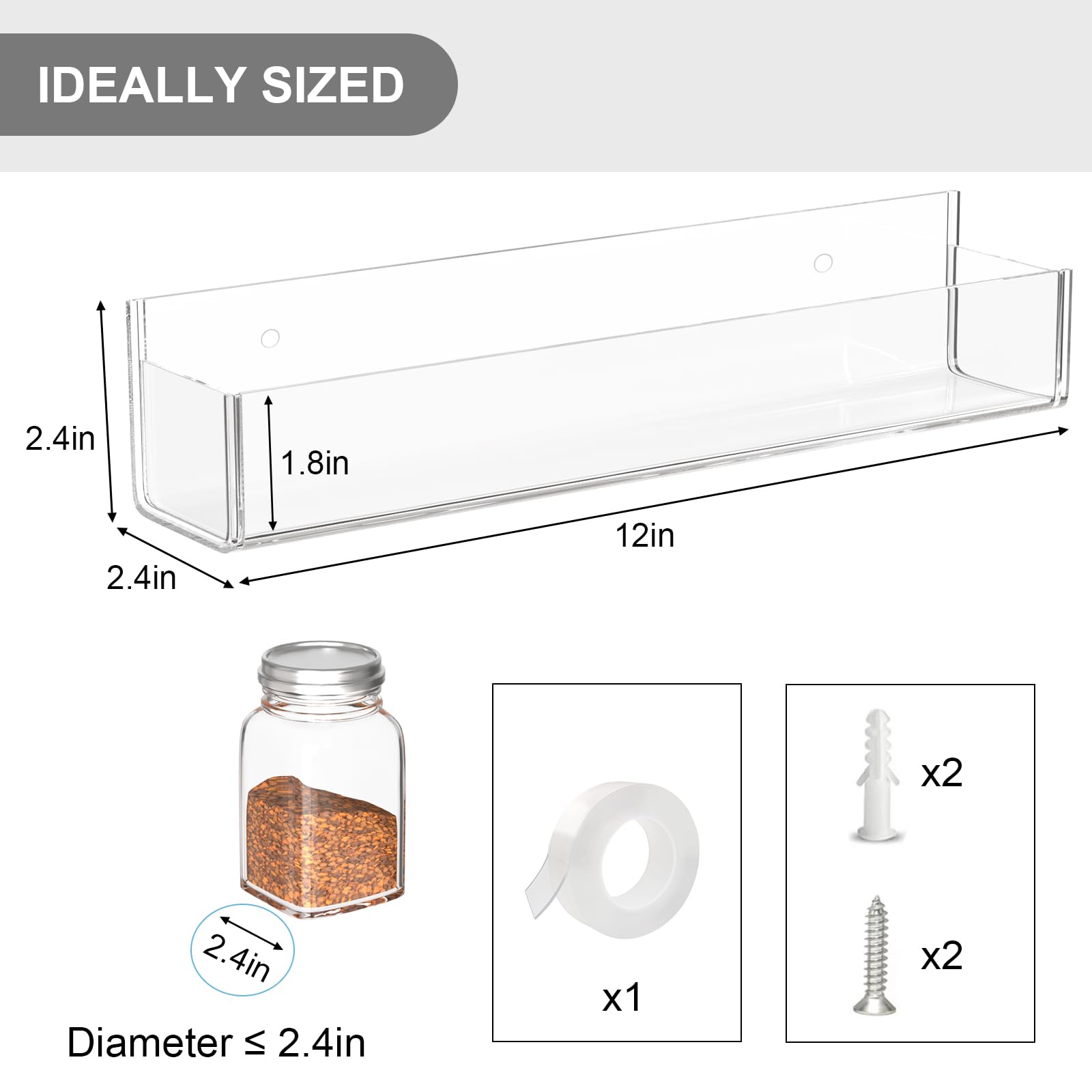 PMMASTO Adhesive Acrylic Spice Rack Organizer for Wall with Nano Double Sided Tape, Spice Shelf Organization for Kitchen Cabinet Door/Pantry Door, Wall Mount Seasoning Rack (Clear-2 Pack)