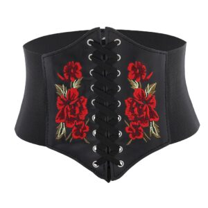 urieo elastic rose embroidered lace-up corset belt stretchy tied black waspie belts wide halloween party dress cincher waist belt for women