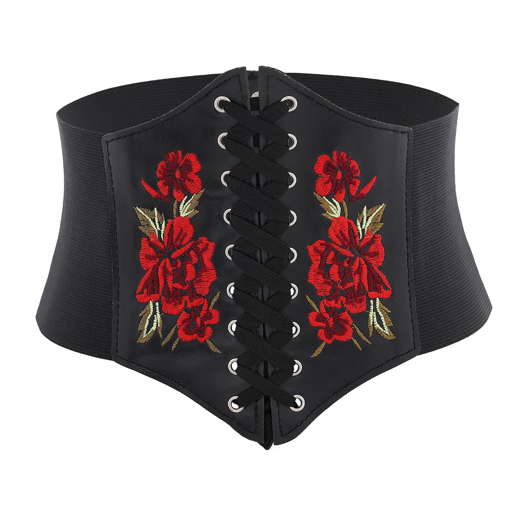 Urieo Elastic Rose Embroidered Lace-up Corset Belt Stretchy Tied Black Waspie Belts Wide Halloween Party Dress Cincher Waist Belt for Women