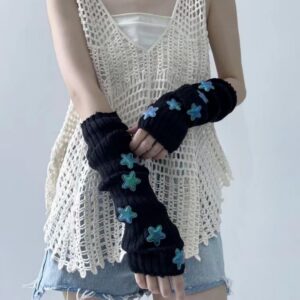 Y2K Women Teens Knitted Arm Warmers Japanese Harajuke Cosplay Star Lolita Cute Fingerless Mittens Thumb Hole Gloves (Black)