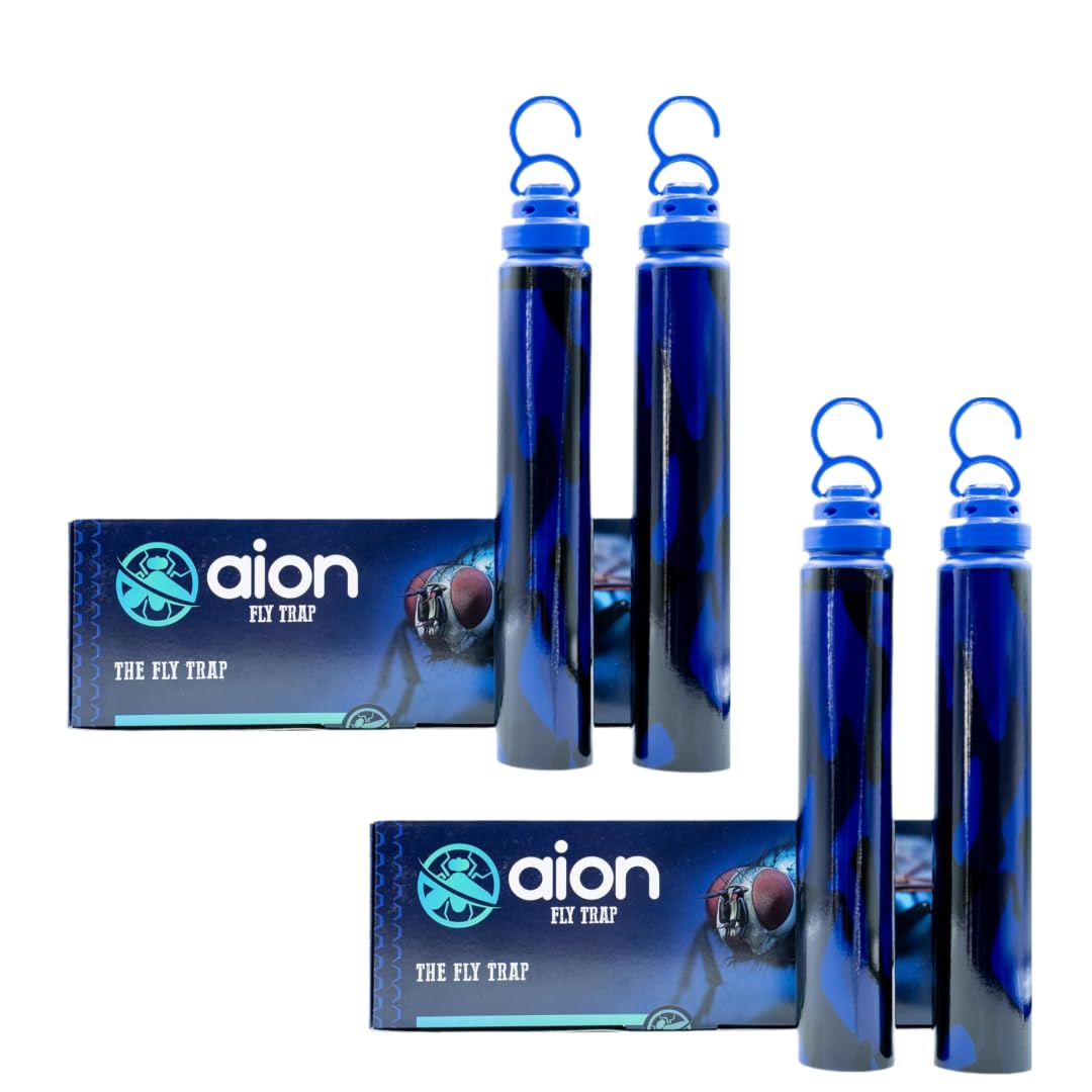 Aion Outdoor Fly Traps with Natural Bait Attractant and Hanging Hooks for Trapping Fruit and Horse Flies, Gnats, and Flying Insects or Bugs, Patio, Camping, and Backyard Disposable Catchers, 2 Pack