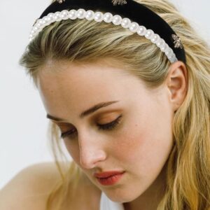 TERSE Black Velvet Headband with White Pearl Accents - Cute Vintage Designer Hair Accessory for Women's Holiday Fashion