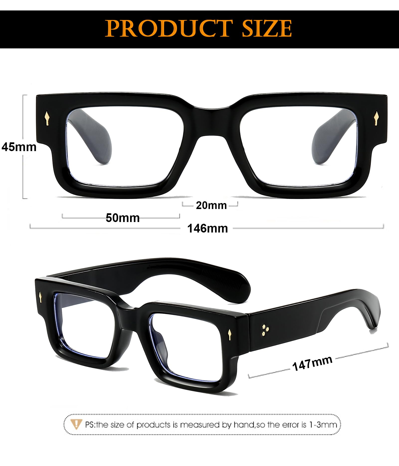 EYLRIM Square Thick Frame Glasses for Women Men Chunky Rectangle Blue Light Glasses Non Prescription Eyeglasses(Black)