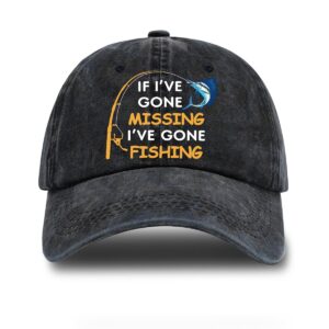 rofiowa If I've Gone Missing I've Gone Fishing Adjustable Vintage Washed Cotton Baseball Cap, Funny Retro Trucker Hat for Men Grandpa Dad Fishing Lover, Retirement Birthday Gift for Fisherman