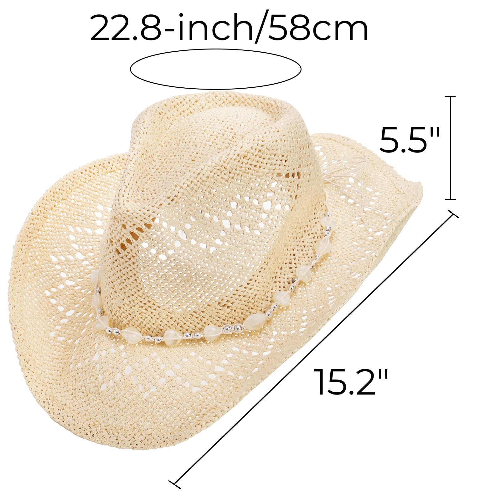 Hiceeden Straw Beach Cowboy Hat for Women, Western Cowboy Hat with Shapable Brim, Woven Sun Hat with Beaded Chain for Men, Beige