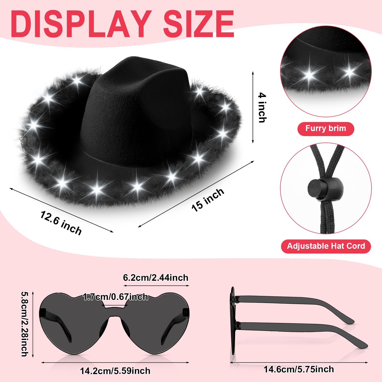 Zhanmai 6 Pieces Cowgirl Light up Hat with Feather Boa, 6 Pieces Heart Sunglasses Set for Girls Bachelorette Costume Party(Black)