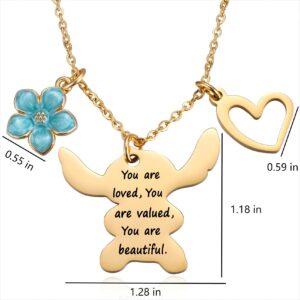 MIXJOY Inspirational Stitch Gifts You are Loved Valued Beautiful Stitch Necklace Gifts for Teen Granddaughter Daughter Niece, Stitch Lover Birthday Jewelry Gifts for Women, Gold