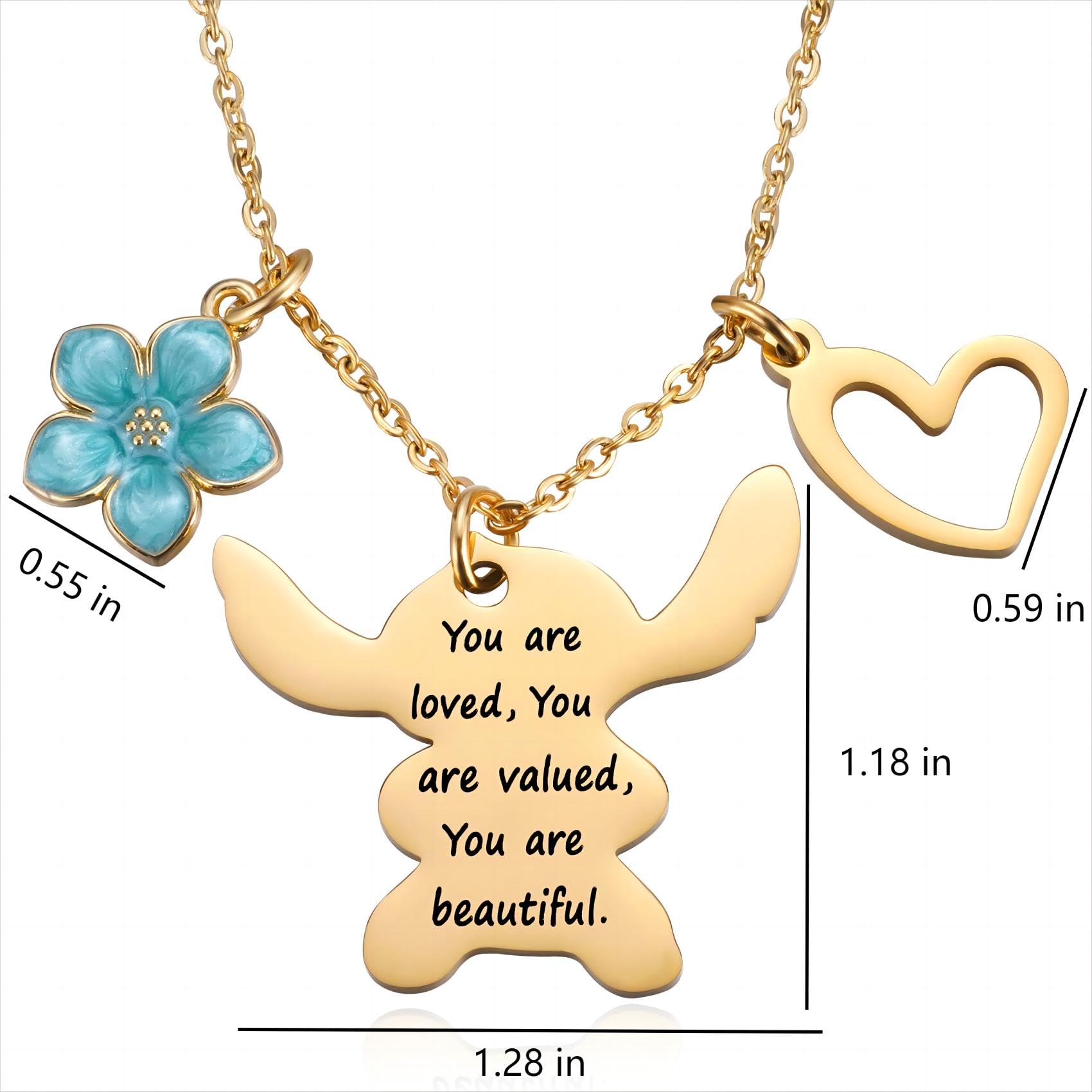 MIXJOY Inspirational Stitch Gifts You are Loved Valued Beautiful Stitch Necklace Gifts for Teen Granddaughter Daughter Niece, Stitch Lover Birthday Jewelry Gifts for Women, Gold