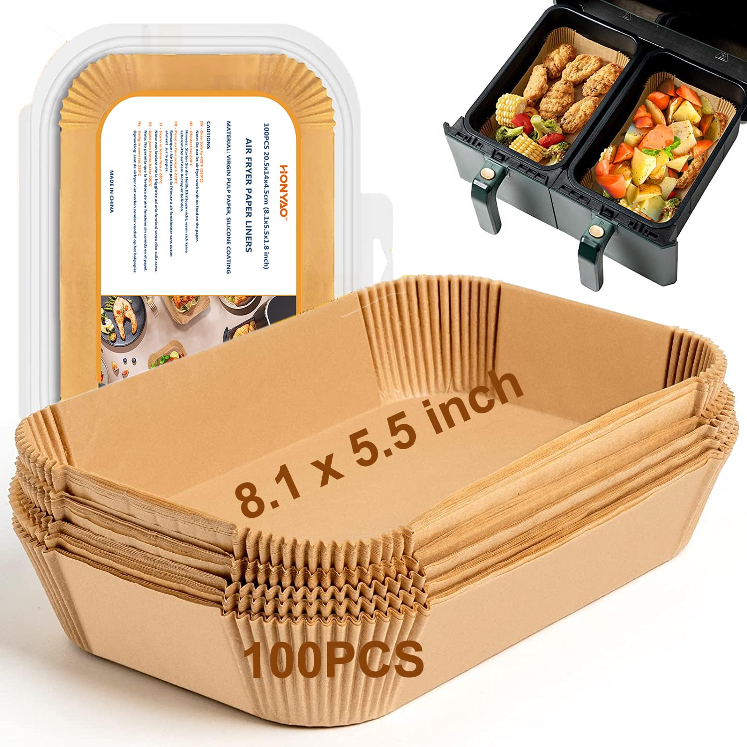 HONYAO Air Fryer Paper Liners for Ninja Airfryer, 8.1x5.5 inch Rectangle Disposable Parchment Papel for Foodi Dual Zone DZ201/DZ401/DZ550/DZ090/DZ100/SL401, Food Grade Accessories BPA free