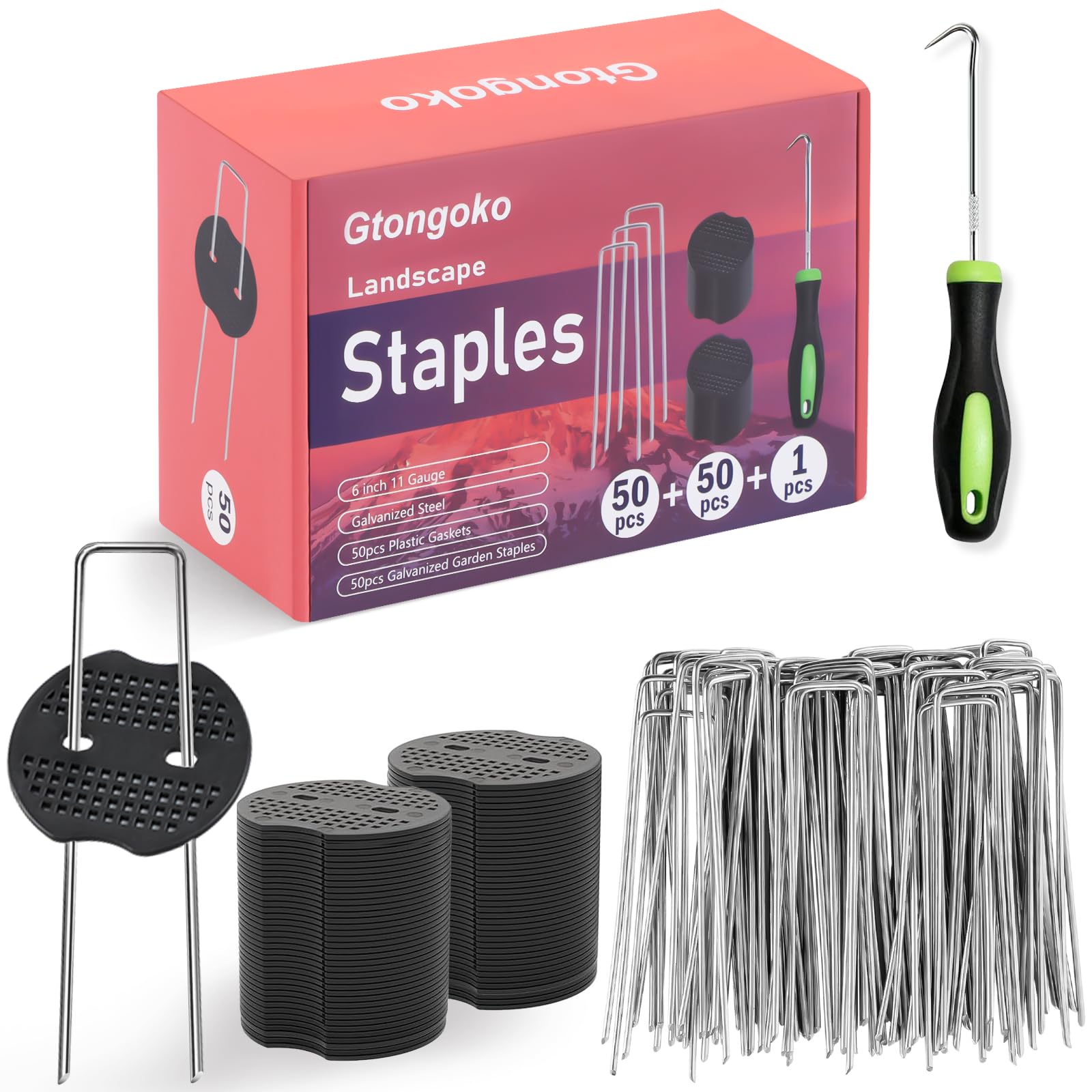 Gtongoko Landscape Staples 50Pcs Garden Stakes + 50Pcs Gaskets + 1 Pick Up Hook Upgraded 6 Inch 11 Gauge Tent Stakes Galvanized Yard Stakes for Weed Barrier SOD Fabric Plant Cover Stakes Outdoor Décor