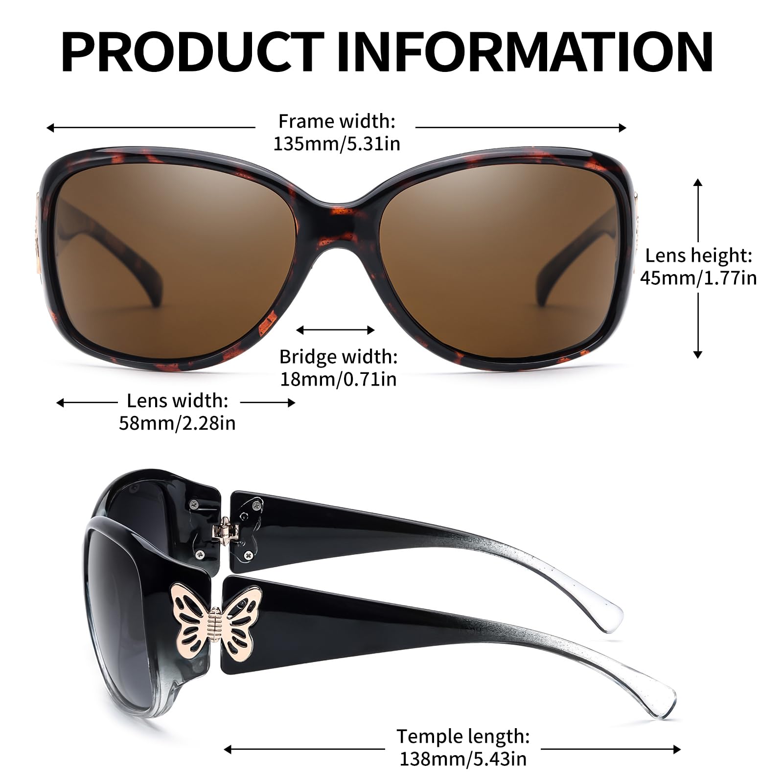 LVIOE 2 Pack Polarized Sunglasses for Women Trendy Oversized Wraparound Glasses Butterfly Decoration UV400 Protection LS2301