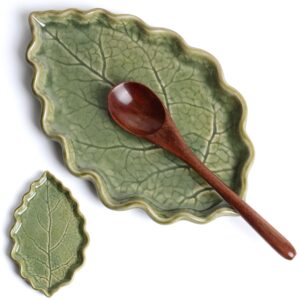 ceramic spoon rest for stove top - cute green leaf shaped spoon rest/spoon holder for kitchen countertop - cooking kitchen spoon rest utensil rest spatula rest (green)