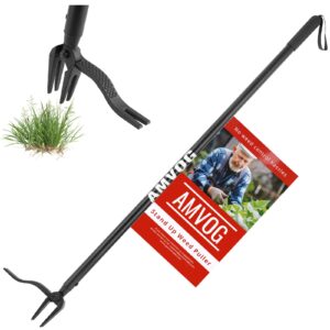 amvog 46'' stand-up weed puller tool - reinforced upgraded version with long handle, made of aluminum alloy design, roots remover for garden & lawn care, easily remove weeds without bending