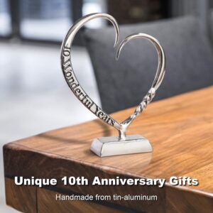 10 Year Anniversary for Her Gifts, 10th Wedding Anniversary for Couples Gifts, 10 Year Tin Anniversary Idea Gift for Wife, Hand Forged Tin Aluminum Heart Keepsake Decor, Tenth Gift for Him Anniversary