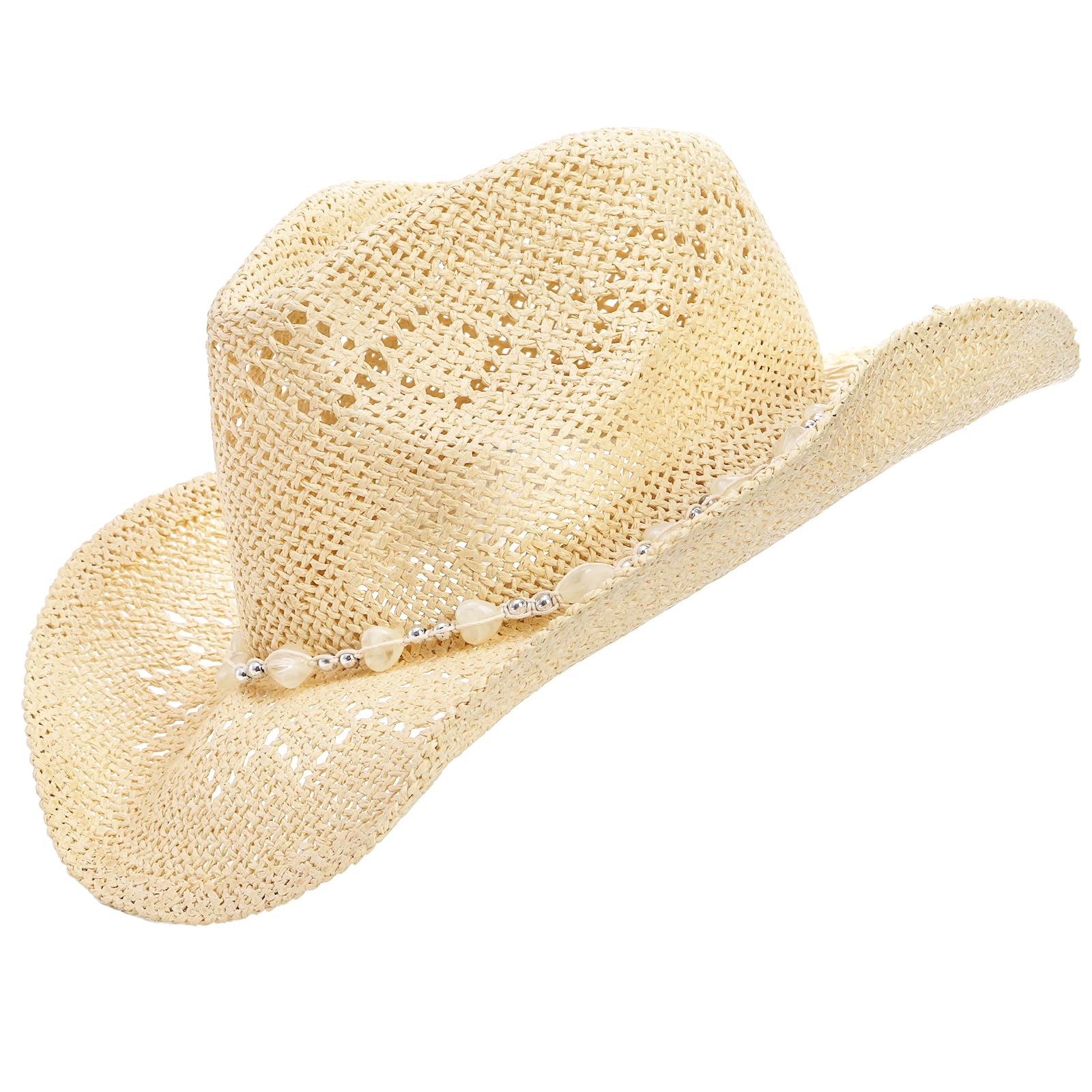 Hiceeden Straw Beach Cowboy Hat for Women, Western Cowboy Hat with Shapable Brim, Woven Sun Hat with Beaded Chain for Men, Beige