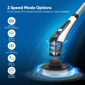 Electric Spin Scrubber, IPX8 Cordless Cleaning Brush, Bathroom Scrubber Electric with 9 Replaceable Brush Heads, Power Shower Scrubber with Long Handle 2 Adjustable Speed for Clean Tub Kitchen Floor