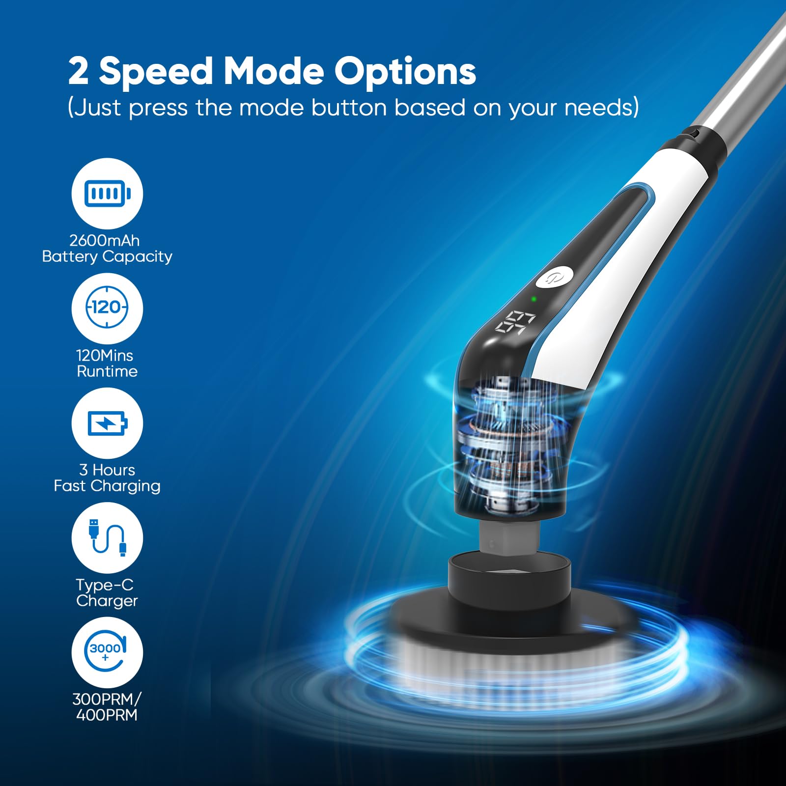 Electric Spin Scrubber, IPX8 Cordless Cleaning Brush, Bathroom Scrubber Electric with 9 Replaceable Brush Heads, Power Shower Scrubber with Long Handle 2 Adjustable Speed for Clean Tub Kitchen Floor