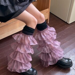 Benefeet Sox Womens Purple Lace Ruffle Leg Warmers Girls Japanese Kawaii Goth Lolita Frilly Mesh Leg Warmer Y2k Harajuku Fashion Long Loose Socks Cute Stacked Mesh Leg Warmers 80s Boot Socks for Party