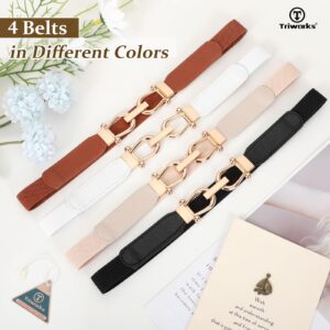 TRIWORKS 4 Pack Women's Elastic Skinny Belt Fashion Alloy Buckle Stretchy Thin Waist Belts for Dresses Black/Brown/White/Beige