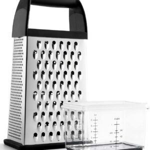 Urbanstrive Cheese Grater With Container, Professional Cheese Grater with Handle, Stainless Steel Graters for Kitchen Handheld, Box Grater with 4 Sides for Vegetables, Ginger, Potatoes, Black