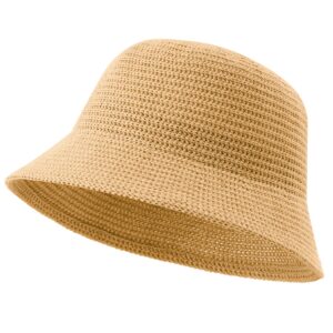 Lightbird Women Woven Bucket Hat, Mesh Beach Sun Hat Foldable Travel Fisherman's Hat Fishing Cap for Spring Summer Fall (Khaki)