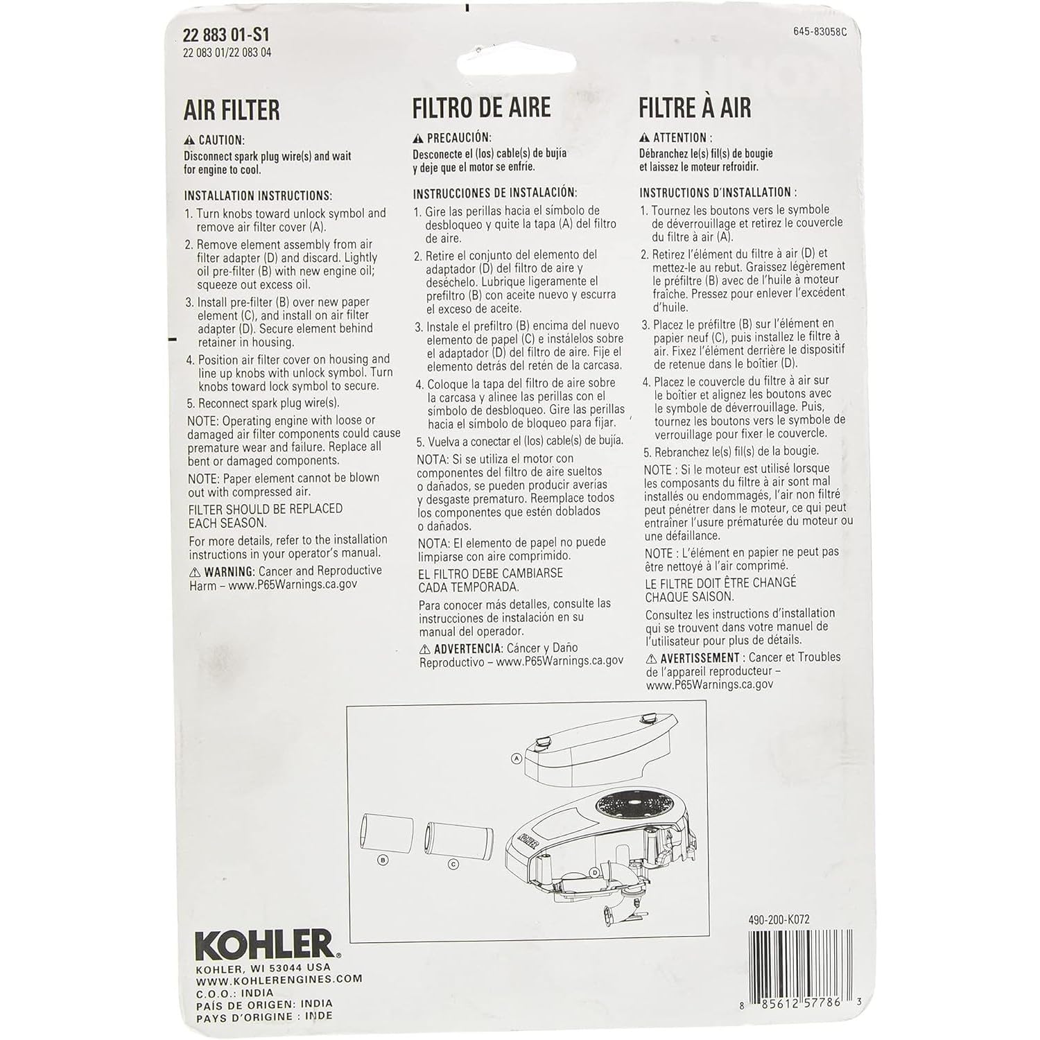 22 883 01-S1 Air Filter Kit For Kohler & Cub Cadet XT1-LT42, 490-200-K072, KH-22-883-01-S1