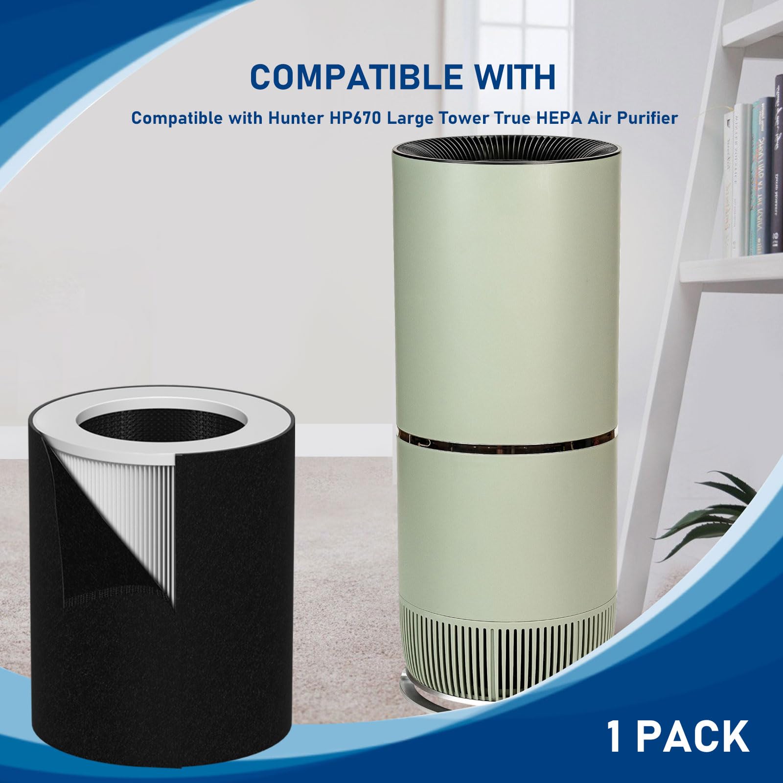 HP670 Replacement True HEPA Filter Set Compatible with Hunter HP670 Large Tower True HEPA Air Cleaner Purifier, Part Number H-HF670-VP, 1 x HEPA + 4 x Activated carbon