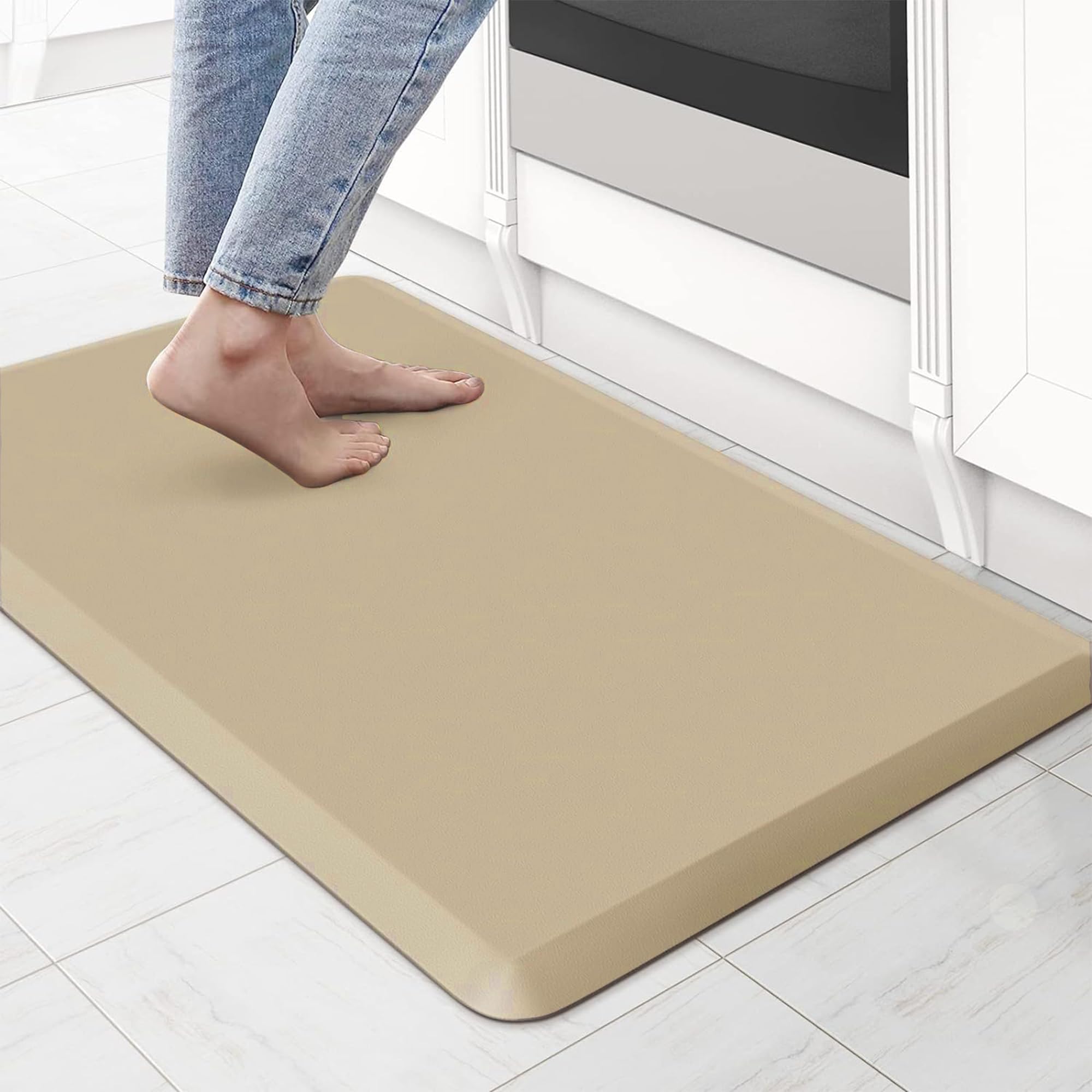 More Décor Anti Fatigue Kitchen Floor Mat, Standing Desk Mat, Double Pack, Non Slip, Waterproof - 0.47 Inches Thick - Rug Sizes 17.3" x 28" and 17.3" x 47.2" - Beige