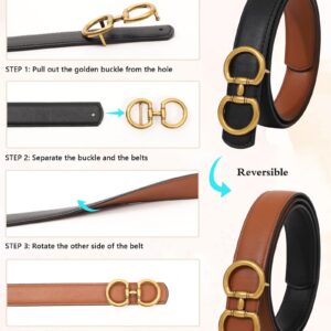 AWAYTR Reversible Belt for Women - Two-in-One Women Fashion Leather Belt for Jeans with Golden Buckle (Black/Brown,100cm)