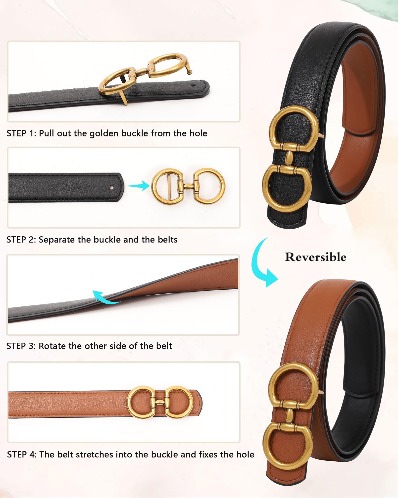 AWAYTR Reversible Belt for Women - Two-in-One Women Fashion Leather Belt for Jeans with Golden Buckle (Black/Brown,100cm)