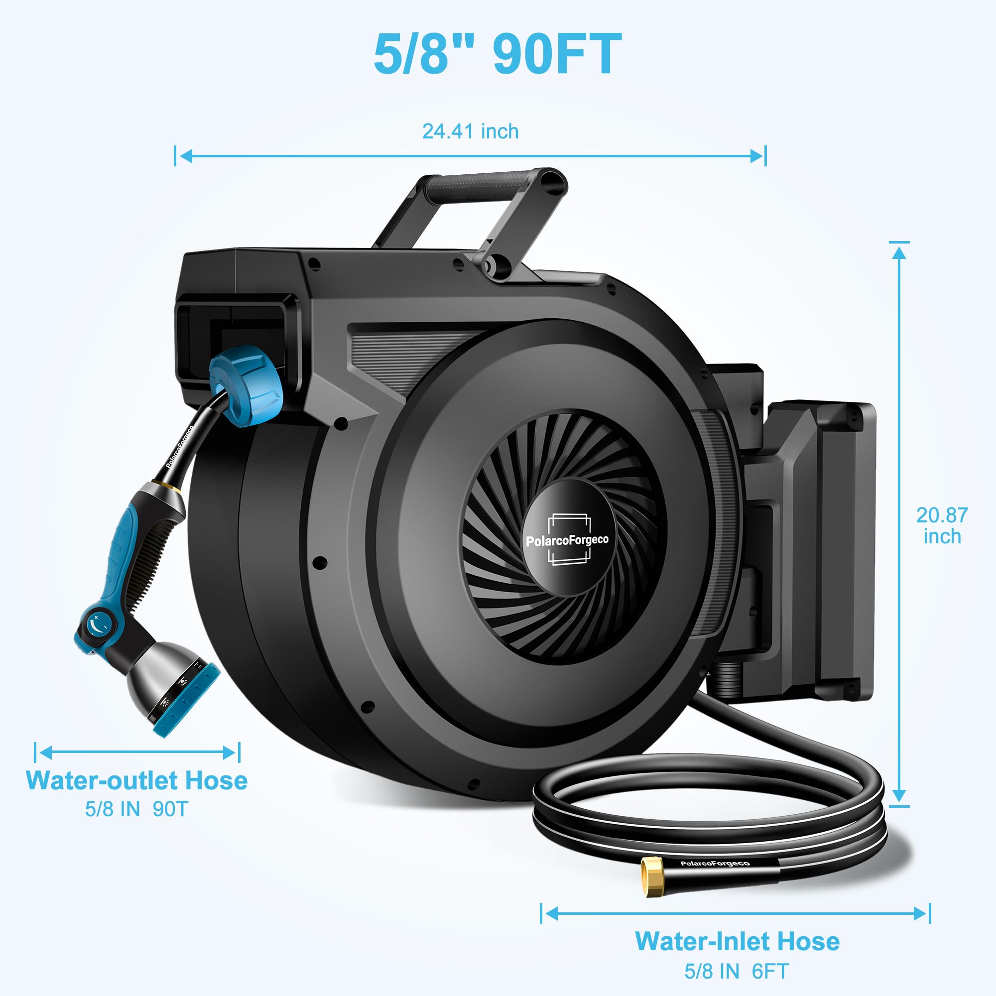 PolarcoForgeco Retractable Garden Hose Reel - 5/8 inch x 90 ft Wall Mounted Hose Reel with 10 Pattern Nozzle & Any Length Lock, Heavy Duty Water Hose Supports Automatic Rewind & 180° Swivel, Black