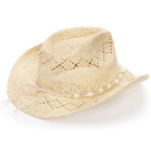 Hiceeden Straw Beach Cowboy Hat for Women, Western Cowboy Hat with Shapable Brim, Woven Sun Hat with Beaded Chain for Men, Beige