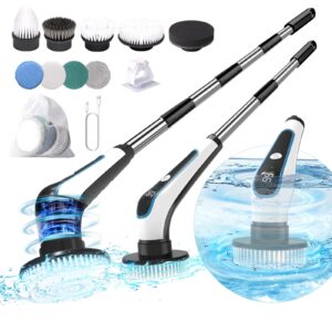 electric spin scrubber, ipx8 cordless cleaning brush, bathroom scrubber electric with 9 replaceable brush heads, power shower scrubber with long handle 2 adjustable speed for clean tub kitchen floor