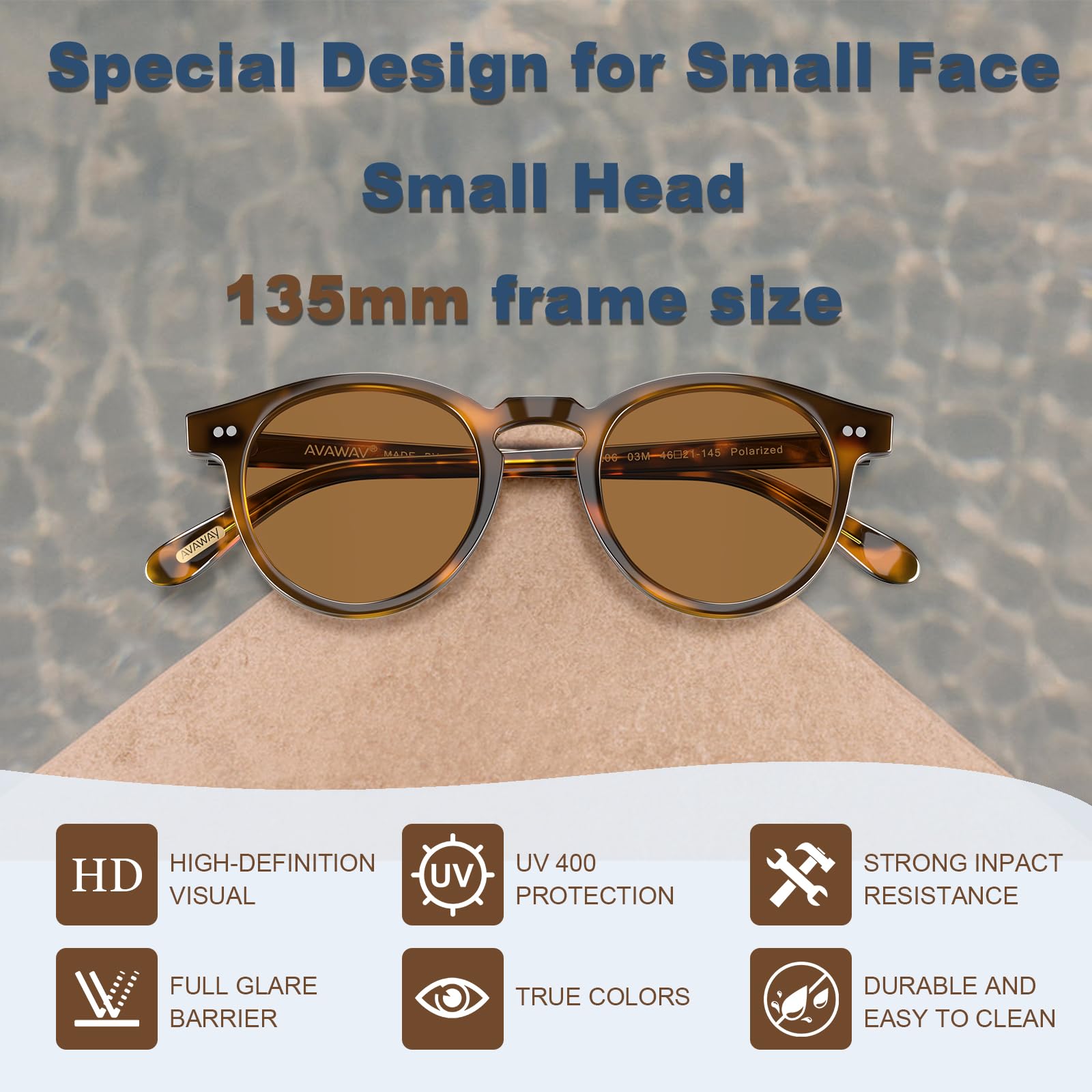 AVAWAY Small Face Round Sunglasses for Womens Polarized Acetate Frame Brown UV Protection Classic Key Hole Category 3 Sun Shades Sunnies