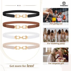 TRIWORKS 4 Pack Women's Elastic Skinny Belt Fashion Alloy Buckle Stretchy Thin Waist Belts for Dresses Black/Brown/White/Beige