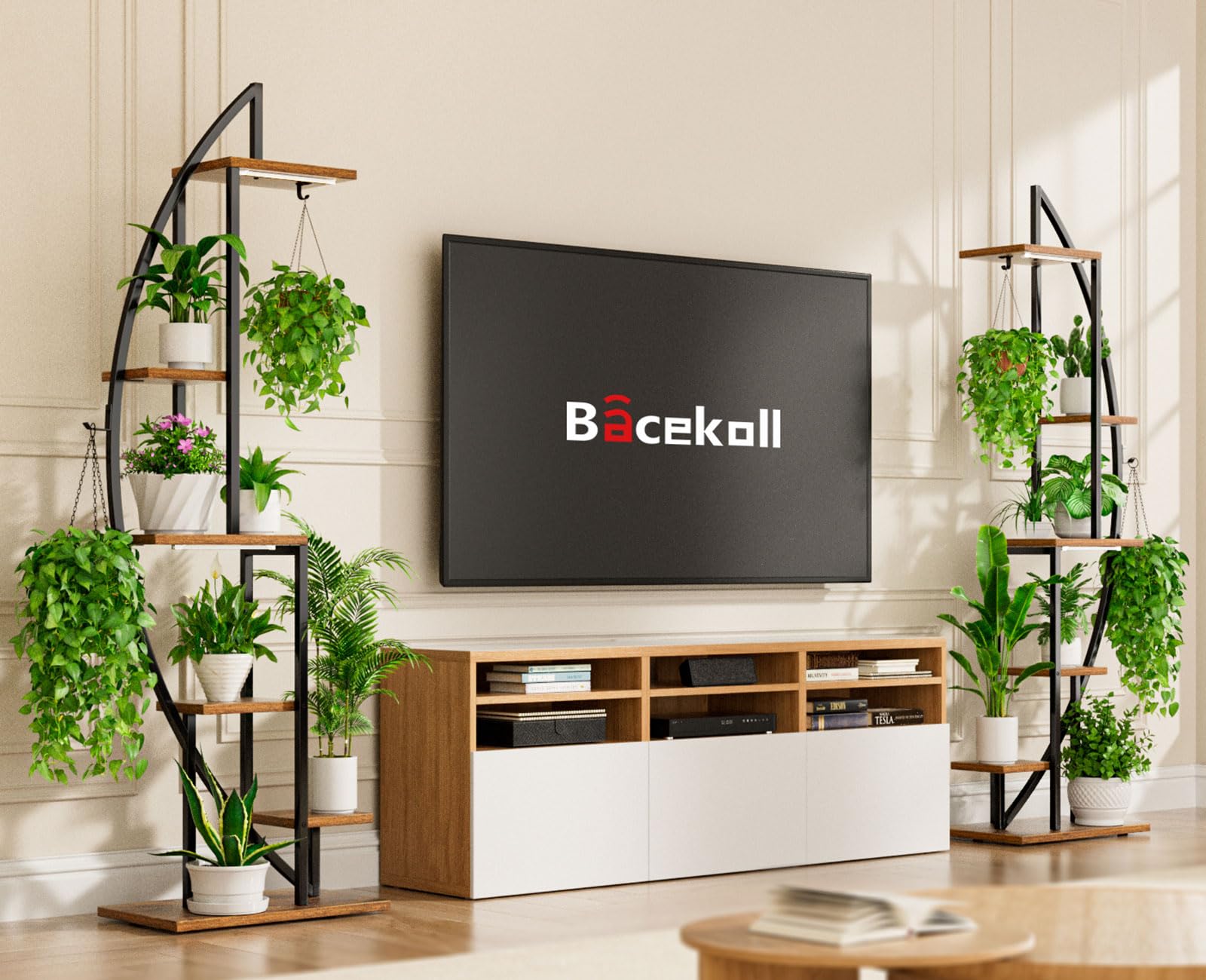 BACEKOLL Plant Stand Indoor with Grow Lights, 6 Tiered Tall Plant Shelf, 63" Metal Plant Stand for Indoor Plants Multiple, Half-Moon Plant Rack Display Shelf, 2 Pcs Plant Holder for Living Room, Patio