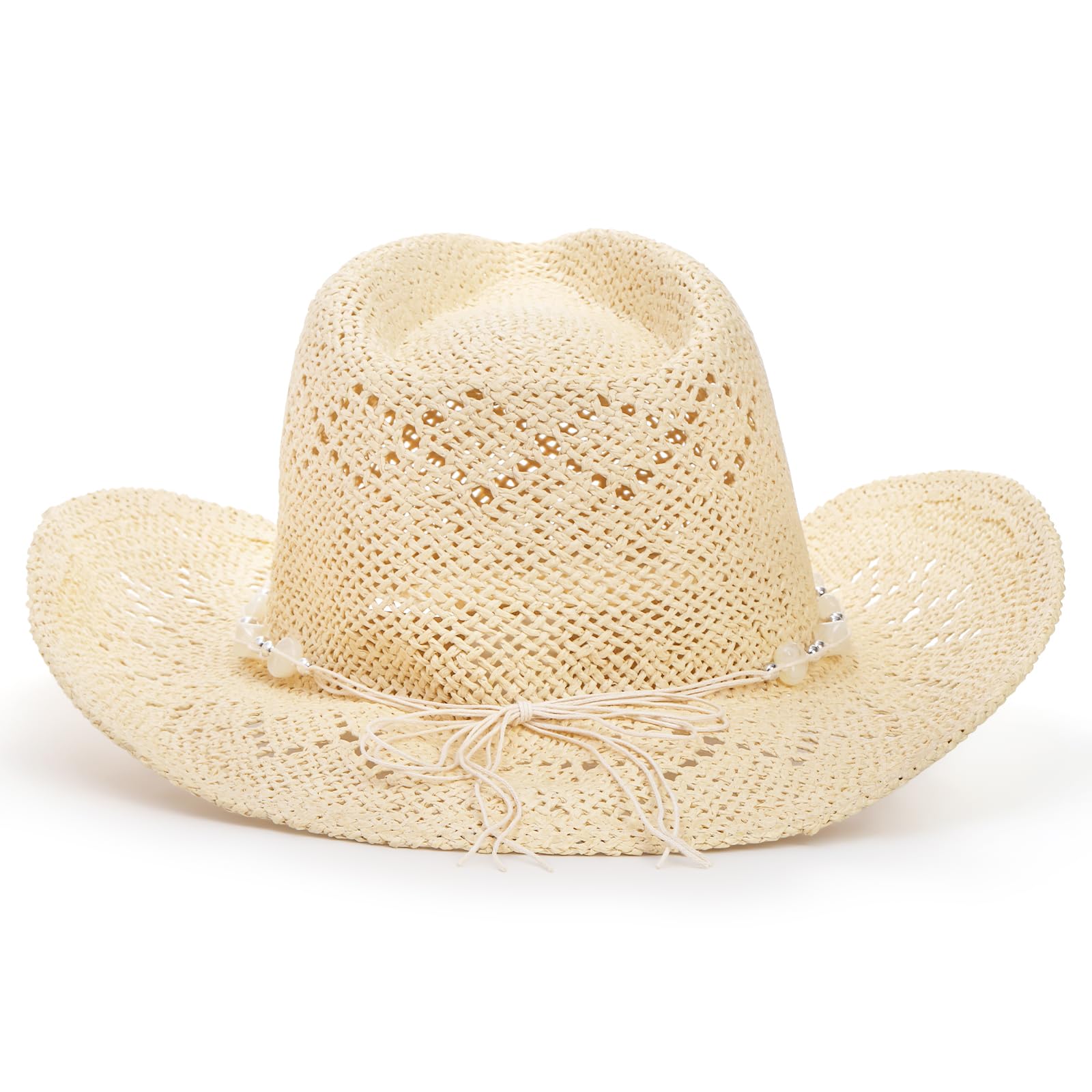 Hiceeden Straw Beach Cowboy Hat for Women, Western Cowboy Hat with Shapable Brim, Woven Sun Hat with Beaded Chain for Men, Beige