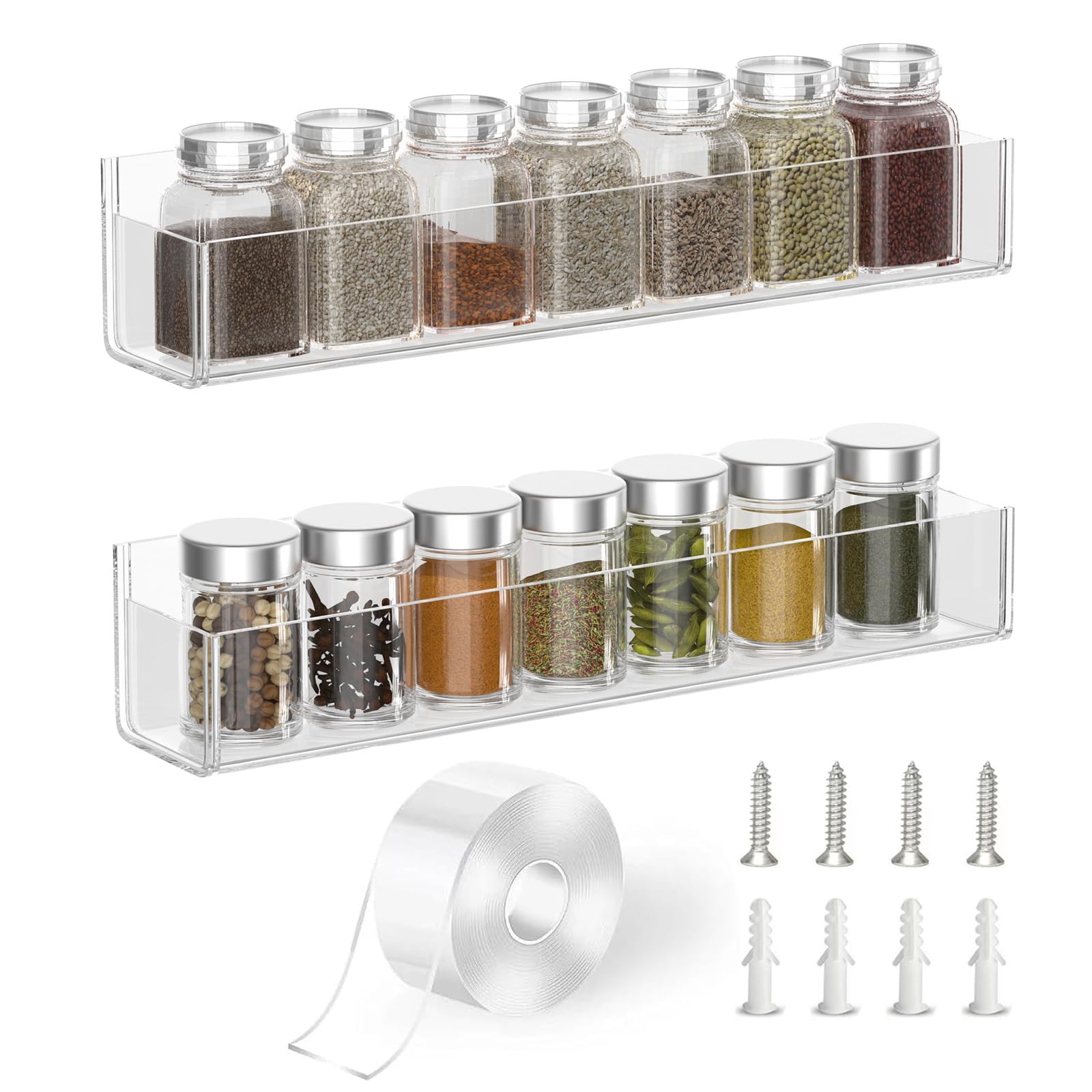 PMMASTO Adhesive Acrylic Spice Rack Organizer for Wall with Nano Double Sided Tape, Spice Shelf Organization for Kitchen Cabinet Door/Pantry Door, Wall Mount Seasoning Rack (Clear-2 Pack)