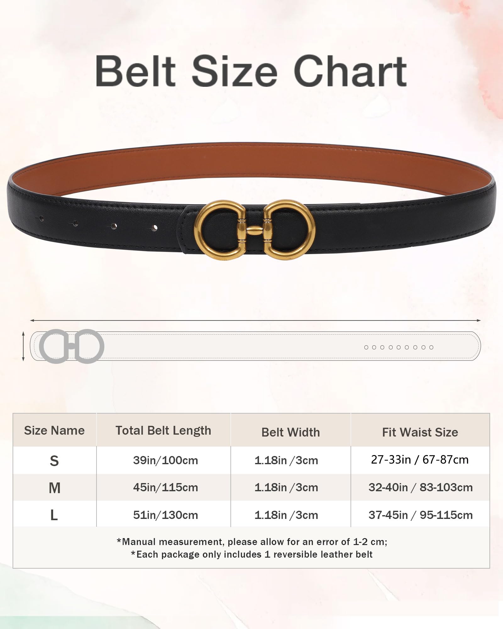 AWAYTR Reversible Belt for Women - Two-in-One Women Fashion Leather Belt for Jeans with Golden Buckle (Black/Brown,100cm)