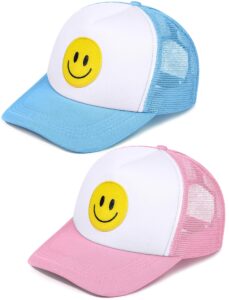 cozypower 2 pcs smile face baseball cap smile trucker hat mesh adjustable baseball cap retro preppy hats for women(blue, pink, white)