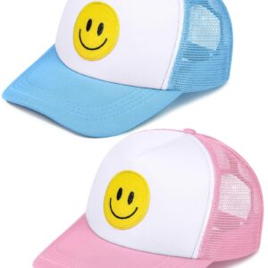 Cozypower 2 Pcs Smile Face Baseball Cap Smile Trucker Hat Mesh Adjustable Baseball Cap Retro Preppy Hats for Women(Blue, Pink, White)