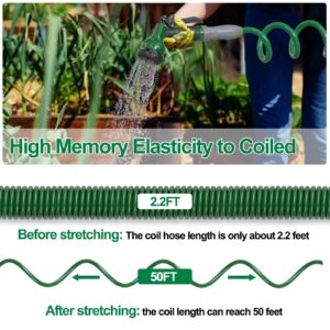 SPECILITE Lightweight Coil Garden Hose 50 FT× 3/8”, EVA Flexible Coiled Water Hose with 6-Pattern Spray Nozzle, Retractable Curly Recoil Watering Hoses and No Kink for Boat, Greenhouse, Yard, patio